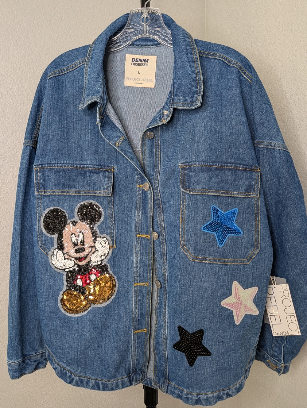 Denim Obsessed Women's Blue Sequin Patch Jean Jacket